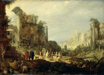 Landschaft mit Ruinen und der Begegnung von Rebekka und Elieser